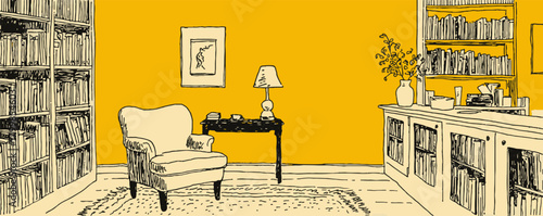 A yellow room with a chair and a lamp. The room is empty and has a lot of books