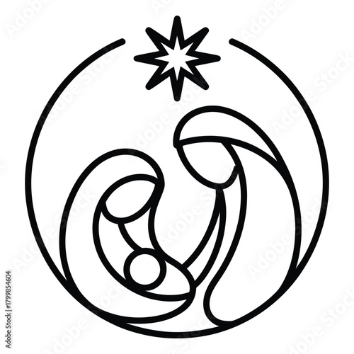 minimalist nativity scene in black and white line art featuring baby jesus, mary, joseph, and star of bethlehem