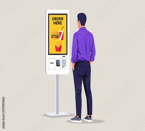 Illustration of a man orders food at a selfservice kiosk with a digital menu, showcasing a burger, fries, and a drink, offering a modern ordering experience isolated on white background