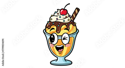 Cartoon Ice Cream Sundae with Face and Cherry Topping.