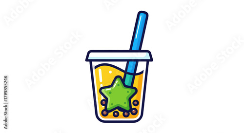 Colorful bubble tea icon with a green star jelly and blue straw.