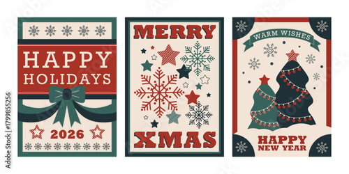 Merry Xmas and a happy new year retro poster design vector set. Blue, red, teal and beige flat vintage label cover templates