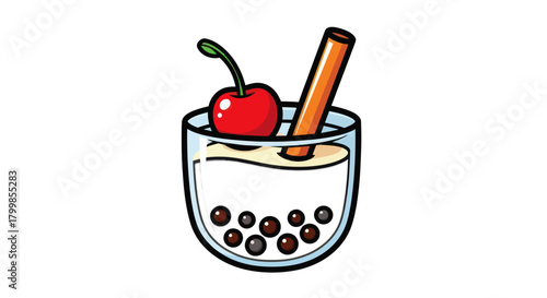 Cartoon illustration of a bubble tea dessert with cherry and cinnamon stick.