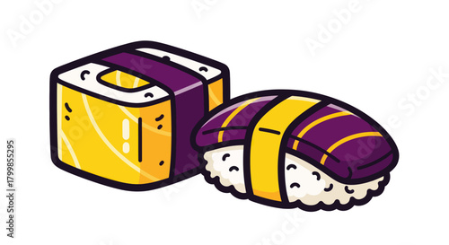 Cartoon Sushi Set - Tamago Nigiri and Tamago Maki with Purple Seaweed.