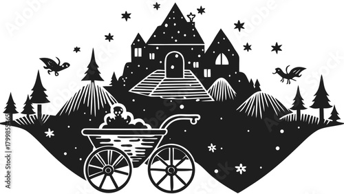 Magical kingdom scene with whimsical castle, birds, and a cart