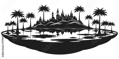Exotic island silhouette with fantasy city and water reflection.