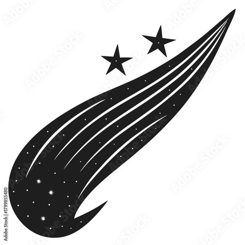 Stylized black comet with a star trail and two distinct stars