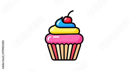 Colorful cartoon cupcake with multi layered frosting and a cherry on top.
