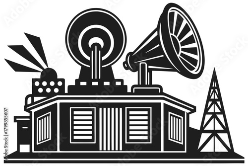 Vintage radio station building with broadcast antenna and speaker