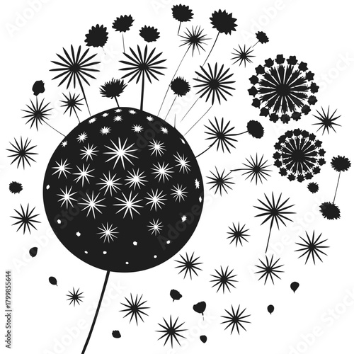 Abstract dandelion blowing seeds graphic black white illustration