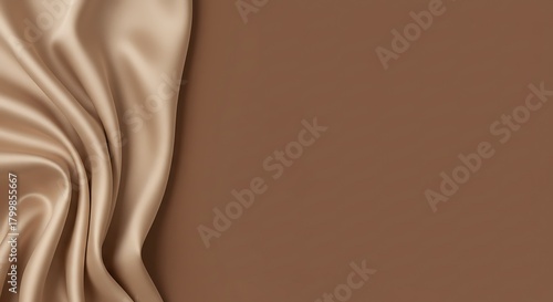 Flowing, lustrous beige fabric draped over a rich brown background. Elegant, luxurious texture