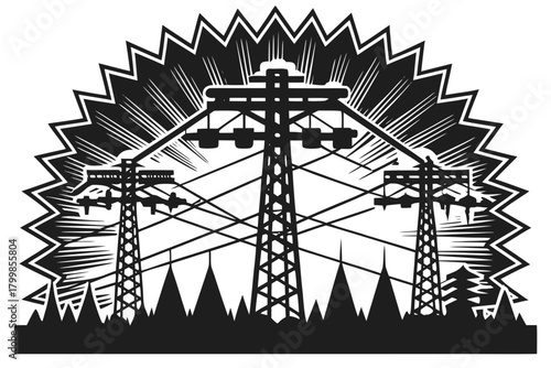 Electrical power transmission line pylons graphic illustration