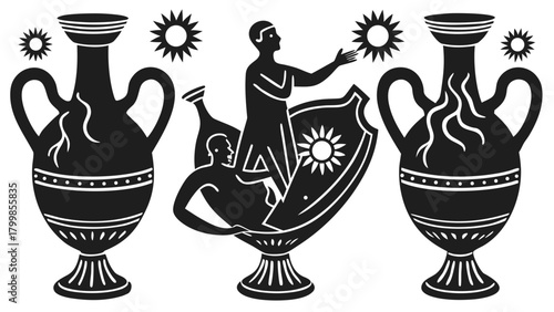 Classical greek mythology illustration with stylized figures
