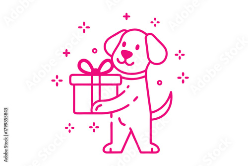 The outline of a cute pink dog is happily holding a present with sparkles