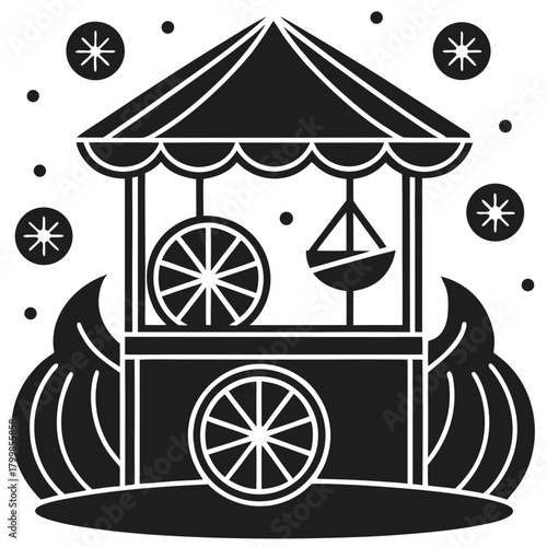 Festive fairground game stall with wheel and seasonal elements.