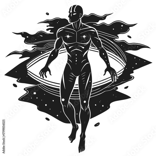 Spiritual human figure in cosmic ethereal realm, minimalist art