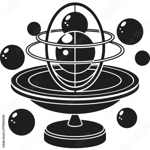 Abstract atomic or planetary model with orbiting spheres design element