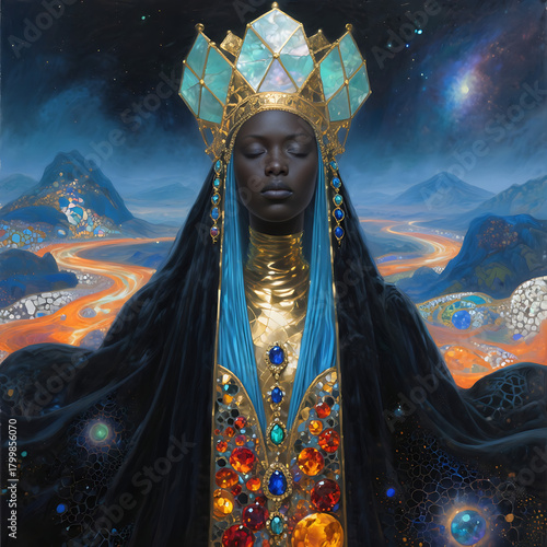 A portrait in traditional attire with vibrant patterns and jewelry: a flower crown, earrings, and necklaces. A rich palette of red, blue, and gold emphasizes cultural expressiveness. Suitable for the 