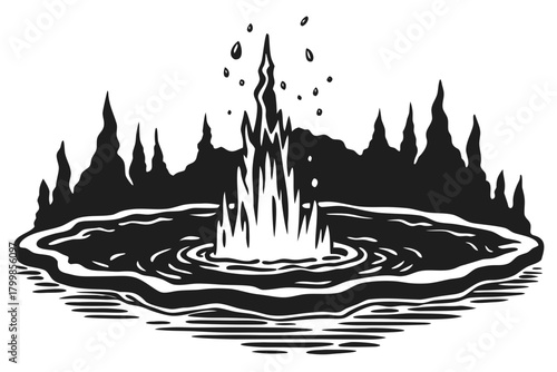 Geyser eruption in pond with mountains, vintage graphic art