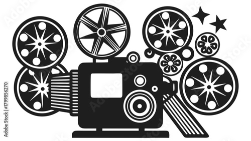 Classic movie camera with film reels and stars on white background