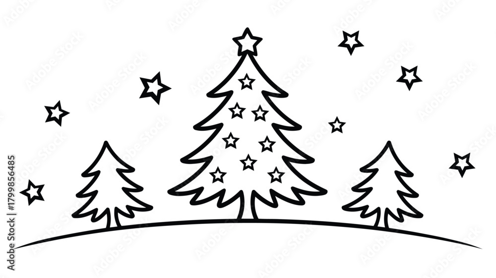 Obraz premium minimalist christmas tree scene in black and white line art with stars and curved ground for festive seasonal design