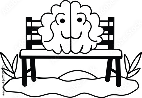 Brain character sitting on bench in snow
