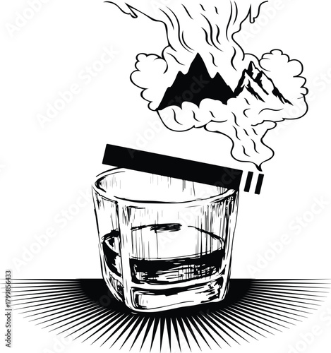 Whiskey glass and cigar with smoke forming mountains