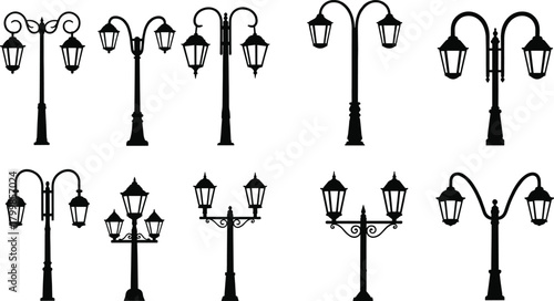 Vintage street lamp silhouettes vector, ornate lantern designs illustration, decorative urban lighting