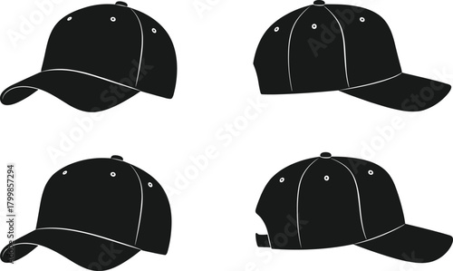 Black baseball cap vector set, classic sports hat illustration showing front, side, and back views, isolated design for branding and fashion templates