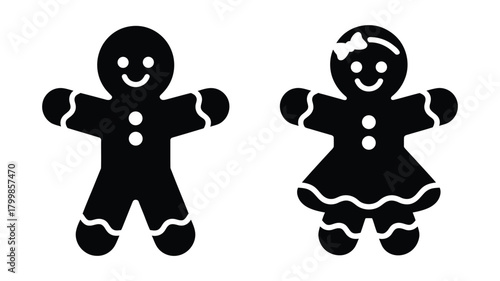 black silhouette gingerbread man and woman icons with festive icing details, buttons, and holiday character style