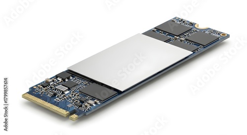 Close up of an m dot two solid state drive with a silver heat spreader on a white background surface