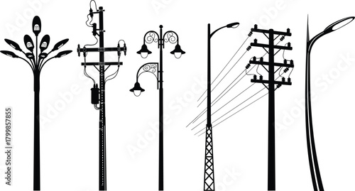 Utility poles and streetlights silhouettes set, urban infrastructure vector illustration