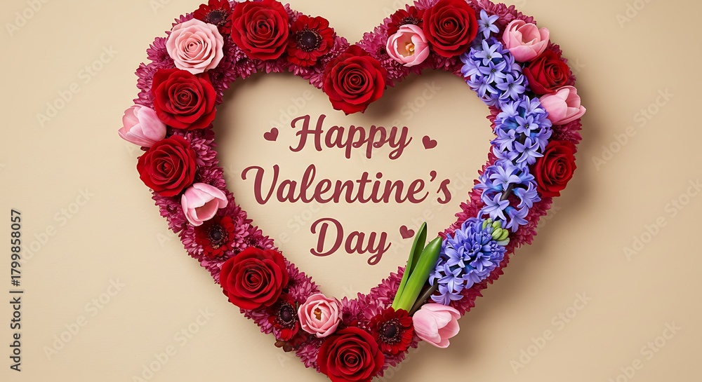 Obraz premium Floral heart arrangement with Valentine's Day message on a light beige backdrop