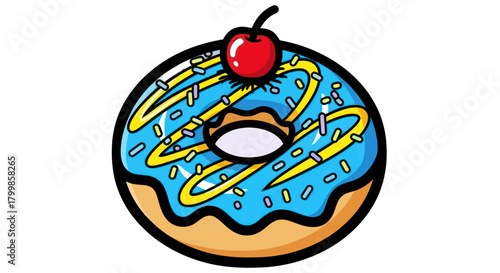 Cartoon Donut with Blue Icing and Cherry Topping Illustration.