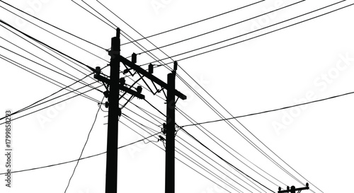 Utility poles with complex power lines silhouette vector, electricity distribution infrastructure illustration, energy system artwork, electrical grid concept, urban engineering design elements
