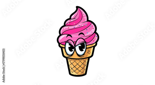 Cartoon ice cream cone with eyes looking directly at the viewer.