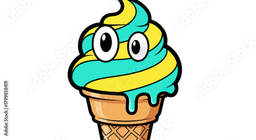 Cartoon Ice Cream Cone with Googly Eyes and Swirled Flavors.