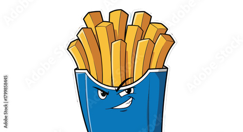 Cartoon French Fries with Angry Expression in Blue Container.