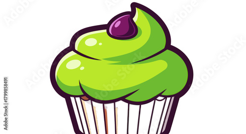 Cartoon Cupcake with Green Frosting and Purple Topping Illustration.