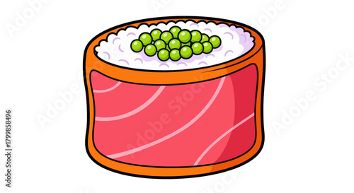 Cartoon gunkan maki sushi roll with salmon and green tobiko.