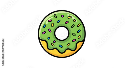 Cartoon donut with green icing and colorful sprinkles illustration.
