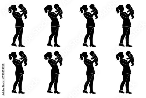 Mother with baby silhouette pack isolated on white background