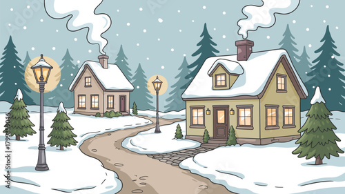 Charming Winter Village Scene – Cozy Snow-Covered Cottages, Festive Streetlights, Gently Falling Snow, Quaint Pathway, Peaceful Holiday Atmosphere, Winter Wonderland Illustration, Seasonal Festive Lan