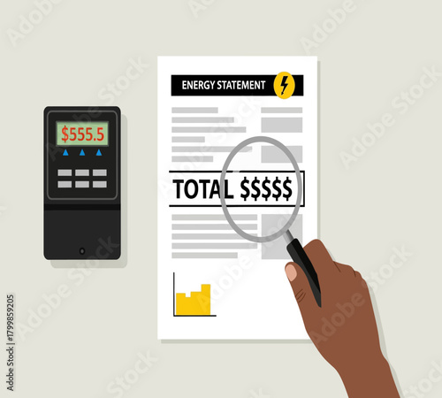 Illustration of an energy statement with a magnifying glass over the total amount due, next to an energy meter, emphasizing the cost of electricity and the importance of energy conservation isolated o
