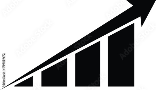Black graphic bar chart with upward trending arrow indicating growth and success