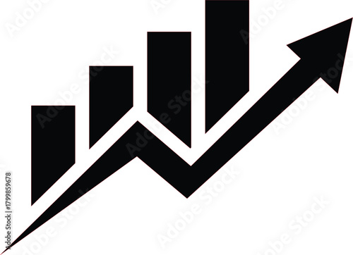 Black silhouette of a rising bar graph with an upward trending arrow indicating growth and success