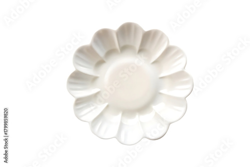White flower-shaped ceramic dish with scalloped petal edges, decorative design, glossy finish, whimsical plate, isolated on a transparent background
