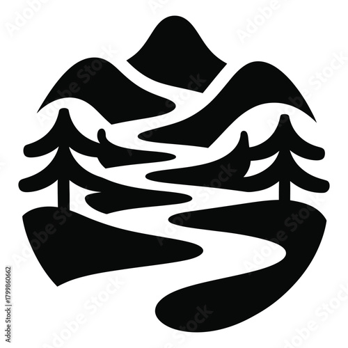 Illustration of a mountain landscape with a river flowing through it, trees on either side isolated on white background