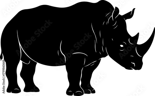 Powerful rhinoceros silhouette standing in profile. Black and white vector icon of a strong, horned safari animal. A symbol of strength and endangered wildlife, isolated on a clean white background.