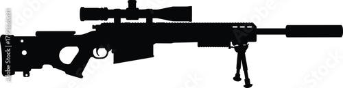 Black sniper rifle silhouette vector illustration, precision firearm icon with scope and bipod, military weapon design for shooting, hunting, and tactical equipment concepts